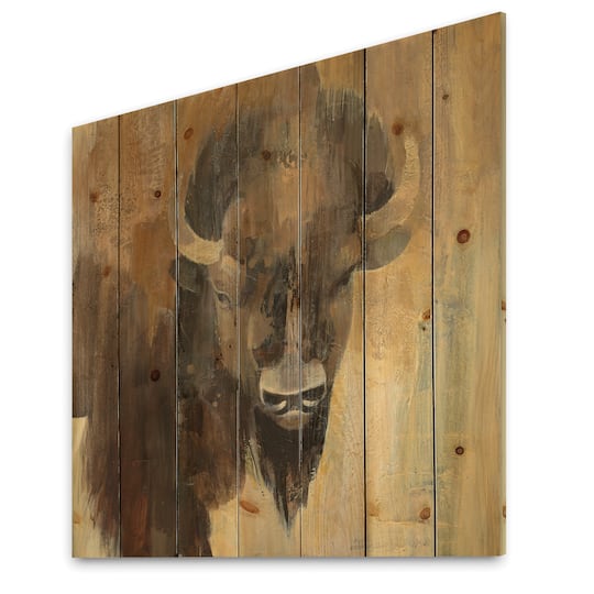 Designart - Into the Wild Gold Buffalo - Modern Farmhouse Print on Natural Pine Wood